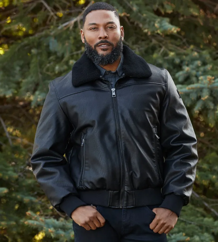 Modern Fit Vegan Leather Aviator Jacket with Removable Sherpa Collar sold by Tip Top