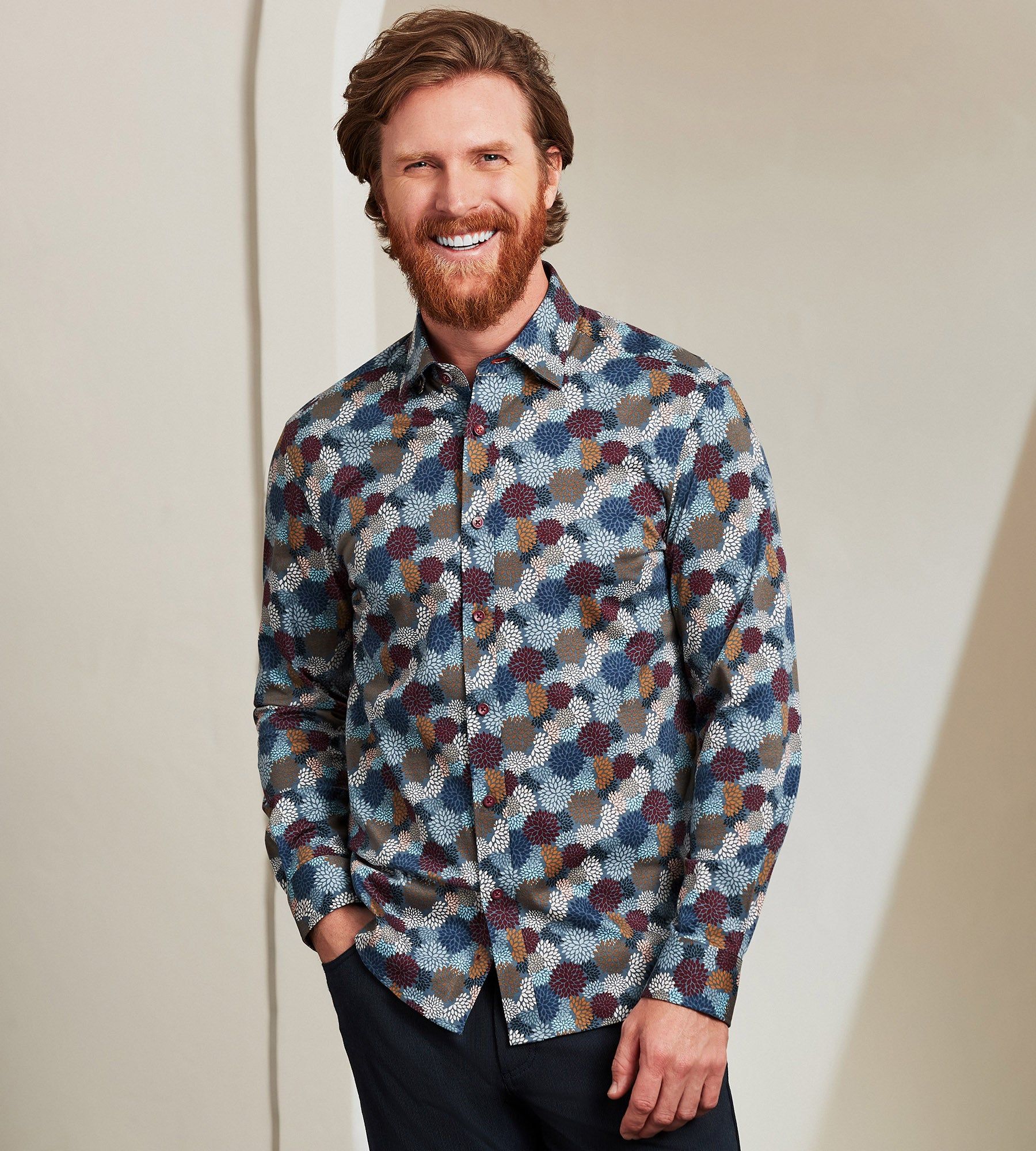 Modern Fit Long Sleeve 360° Stretch Floral Print Sport Shirt sold by Tip Top