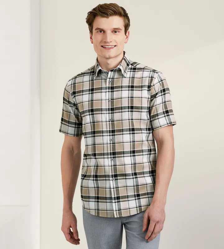 Modern Fit Short Sleeve Textured Linen-Like Plaid Sport Shirt sold by Tip Top