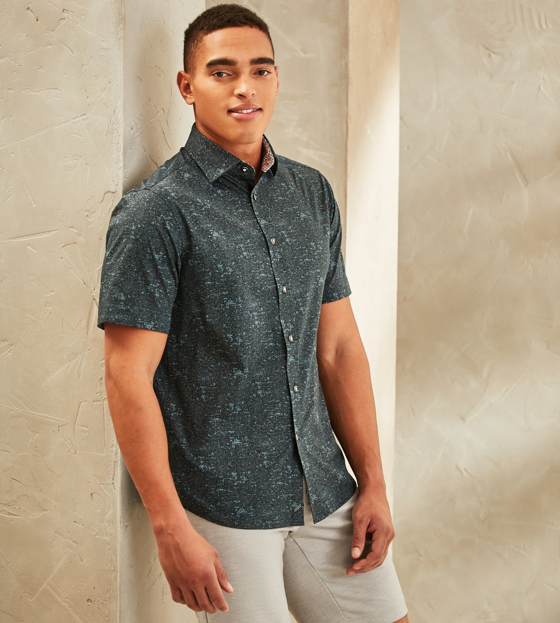 Modern Fit Short-Sleeve Textured Print 360° Stretch Soft Touch Sport Shirt sold by Tip Top