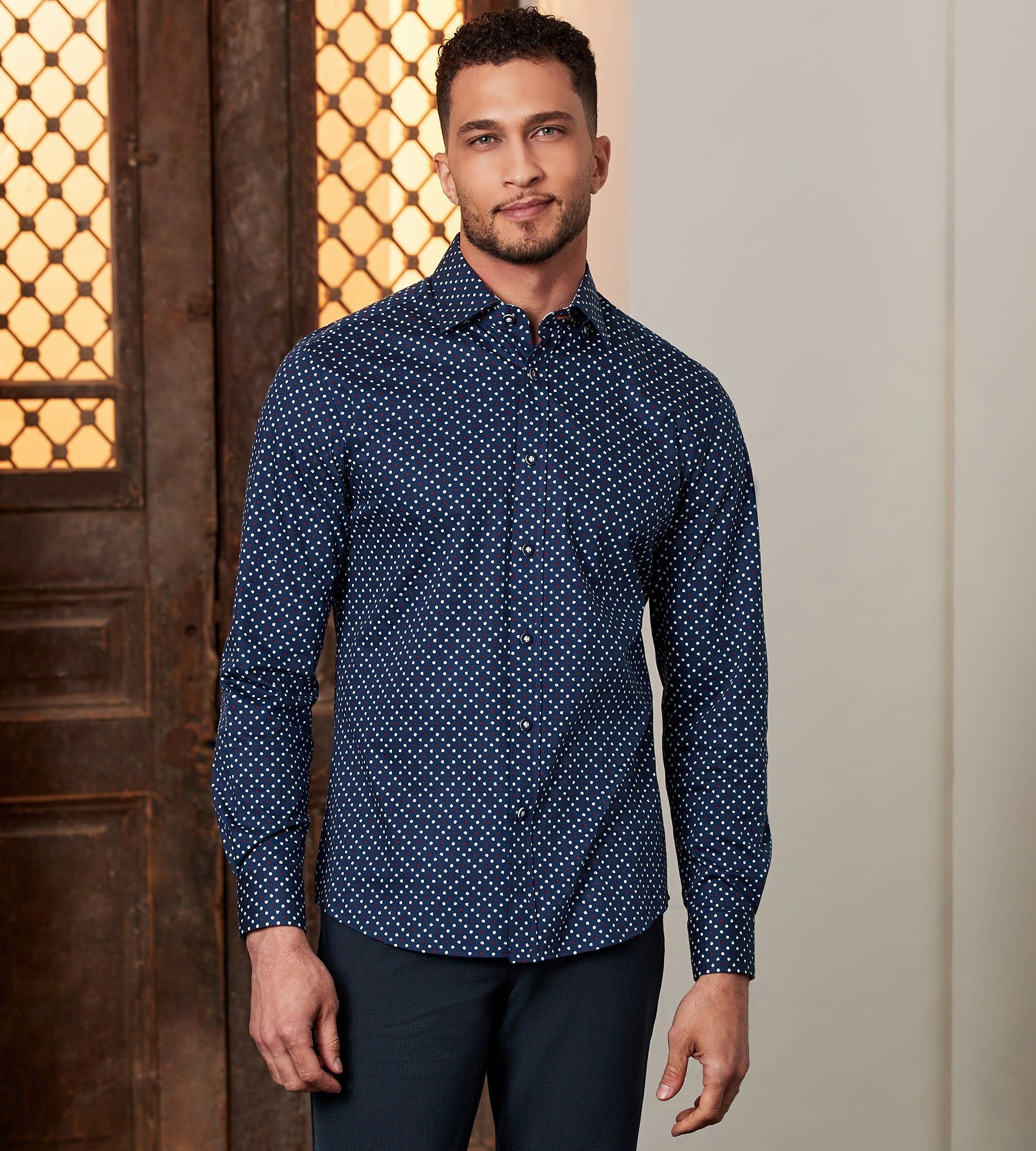 Modern Fit Long Sleeve 360° Stretch Dot Print Sport Shirt sold by Tip Top