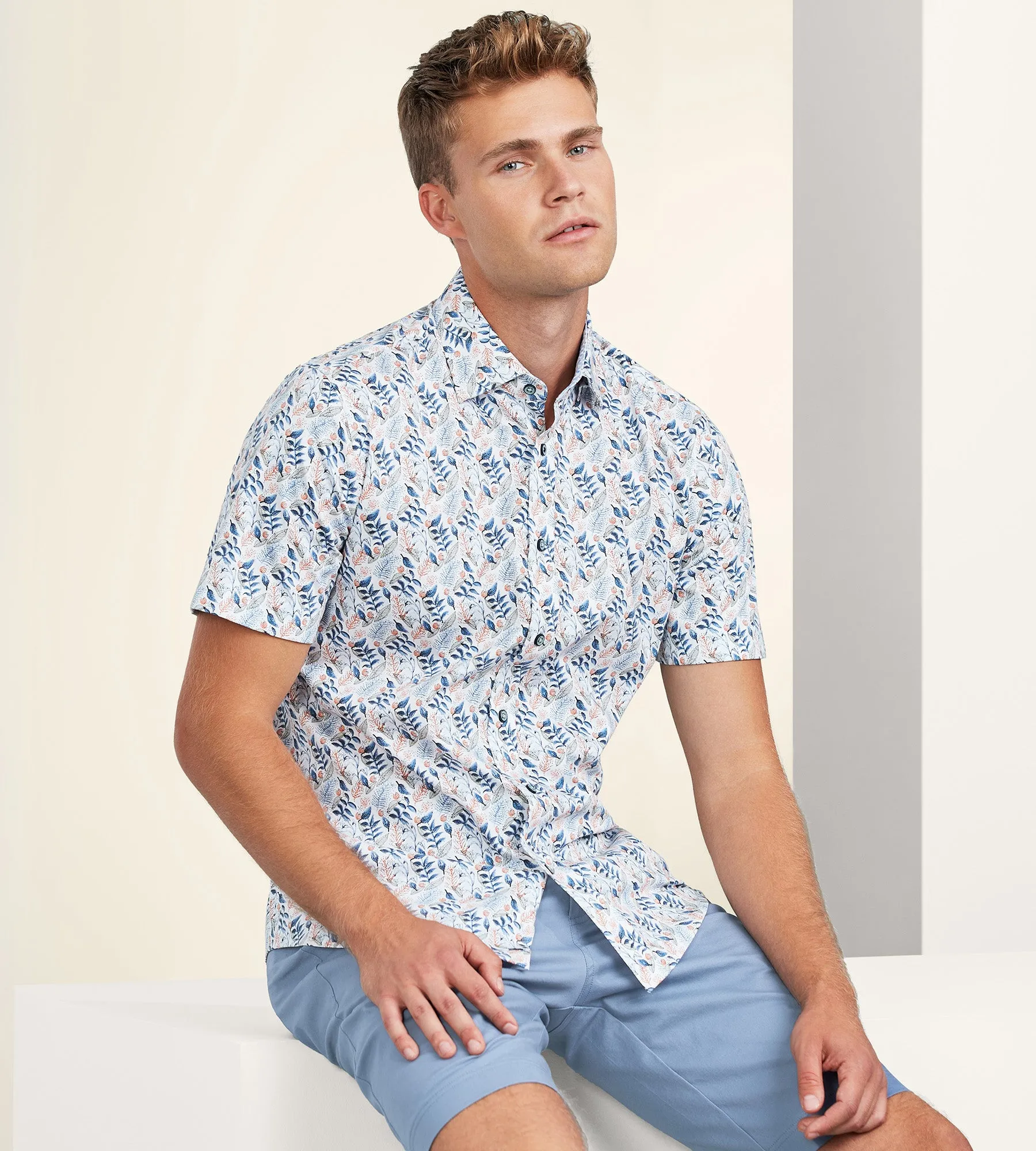 Modern Fit 360° Stretch Short Sleeve Leaf Print Sport Shirt sold by Tip Top