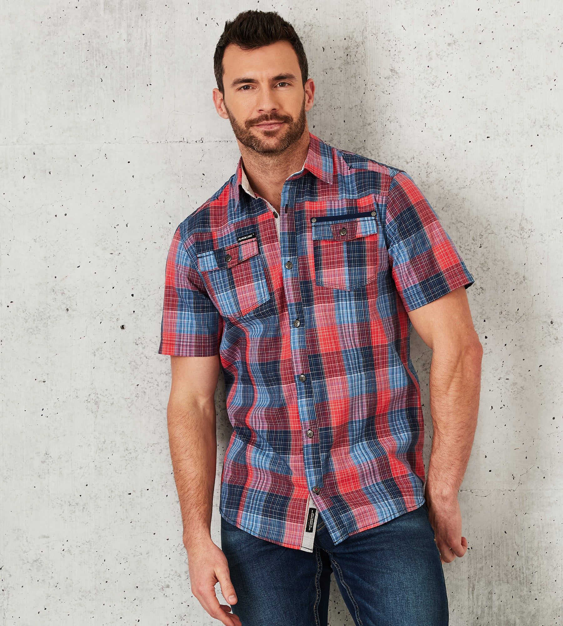 Modern Fit Short-Sleeve Two-Pocket Plaid Sport Shirt sold by Tip Top
