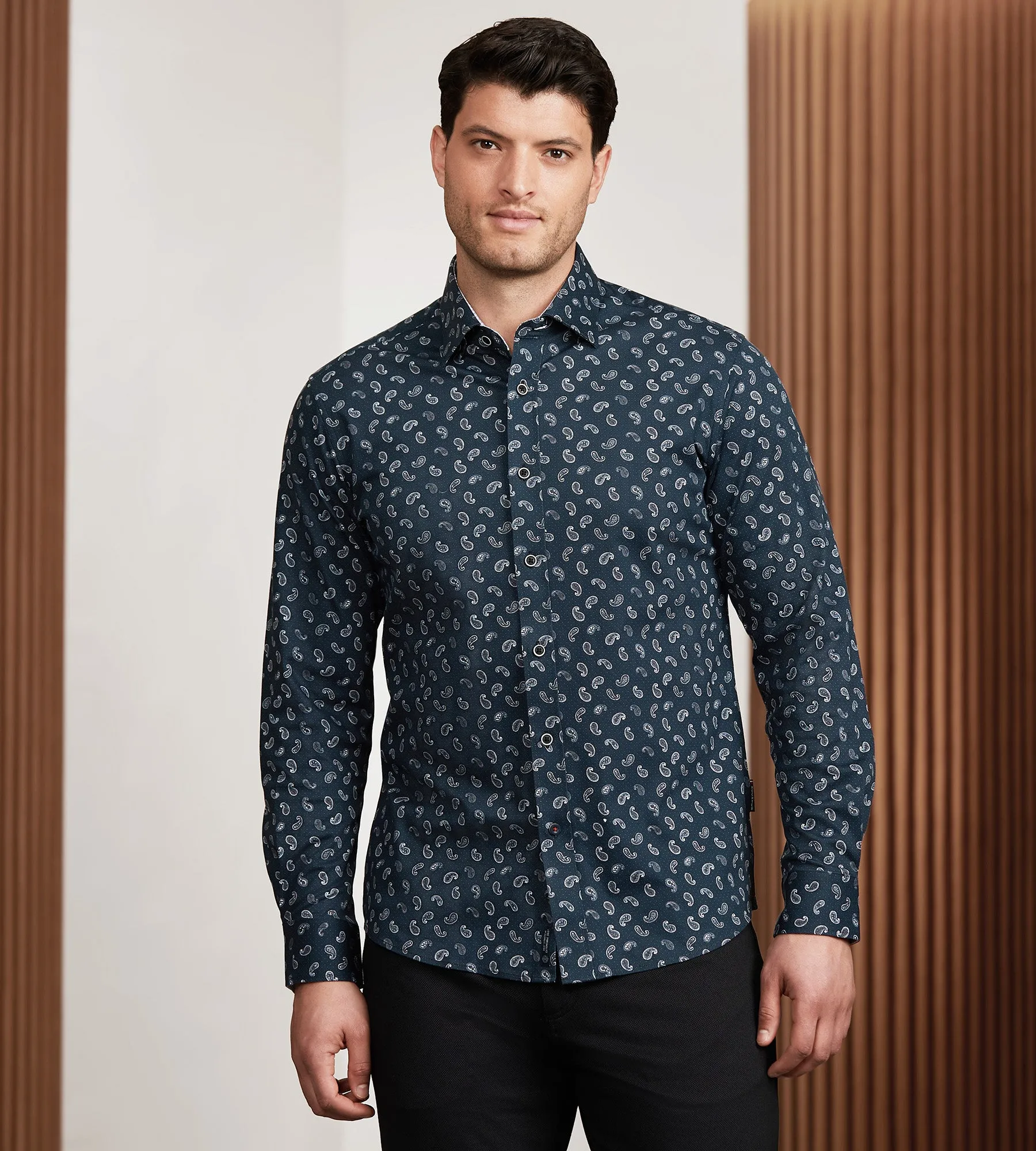 Modern Fit 360 Stretch Long Sleeve Paisley Printed Sport Shirt sold by Tip Top