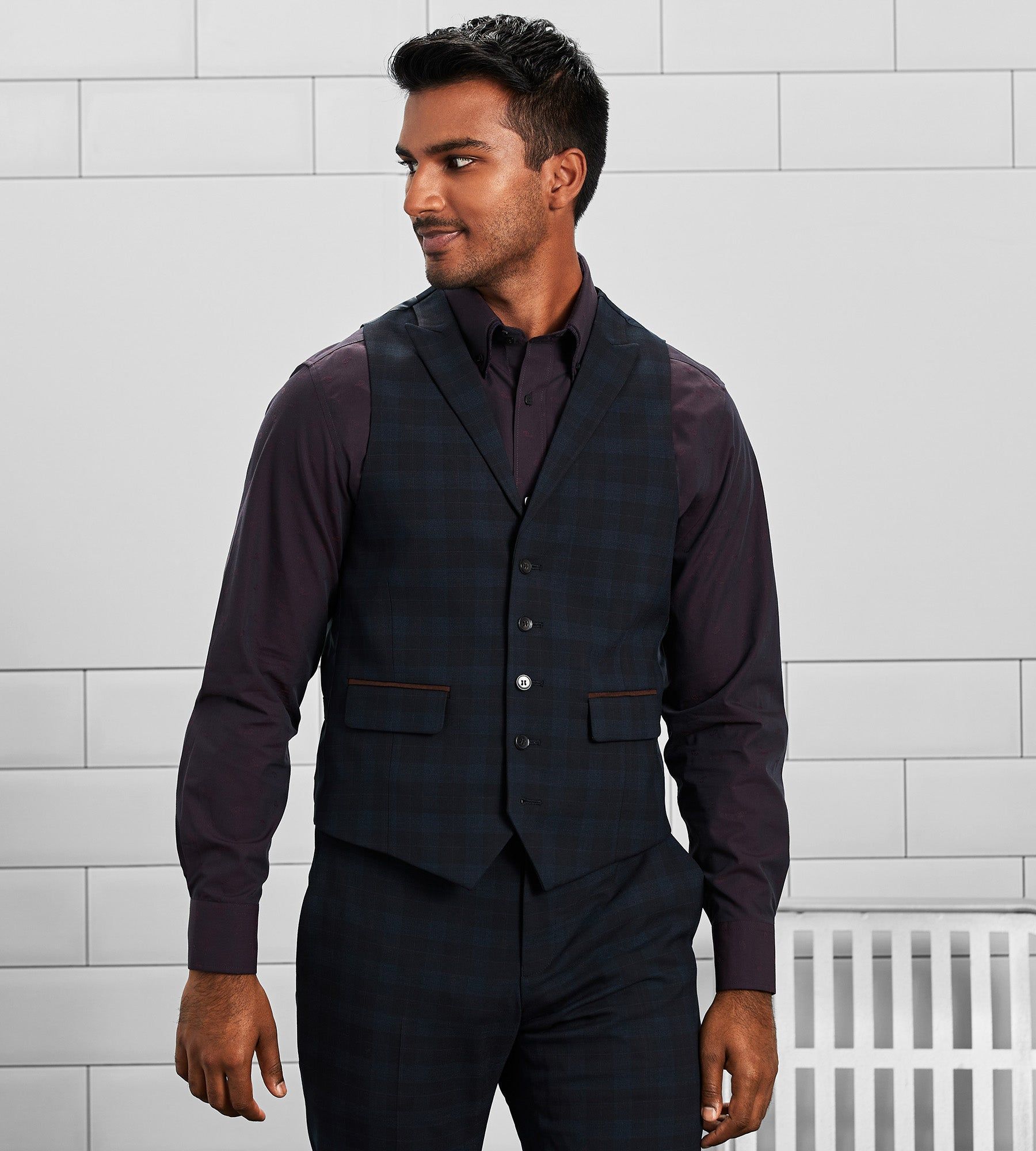 Slim Fit Check Peak Lapel Suit Separate Vest sold by Tip Top