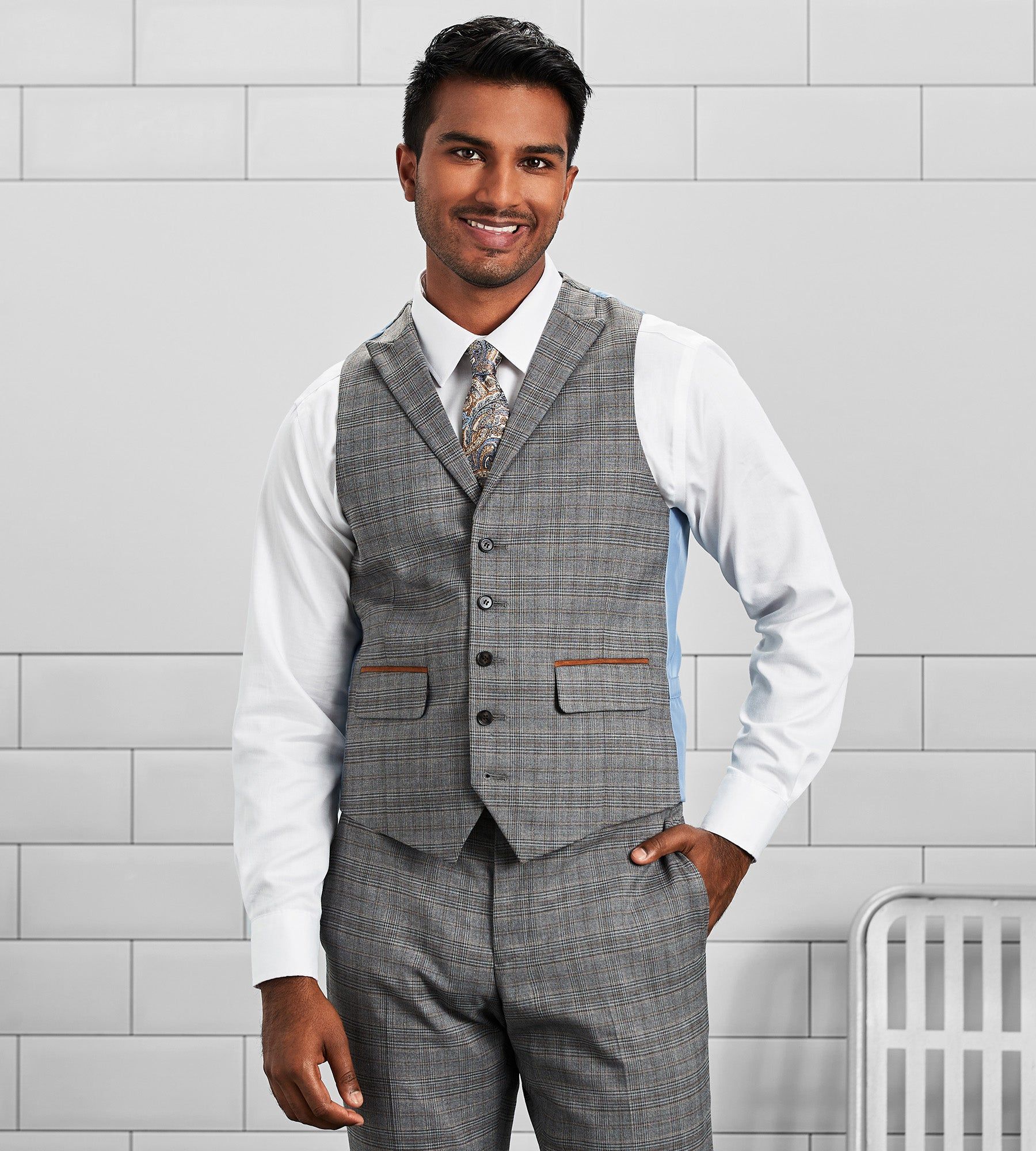 Slim Fit Check Peak Lapel Suit Separate Vest sold by Tip Top