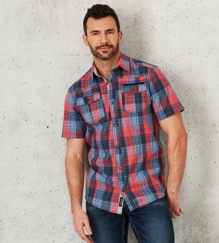 Modern Fit Short-Sleeve Two-Pocket Plaid Sport Shirt sold by Tip Top