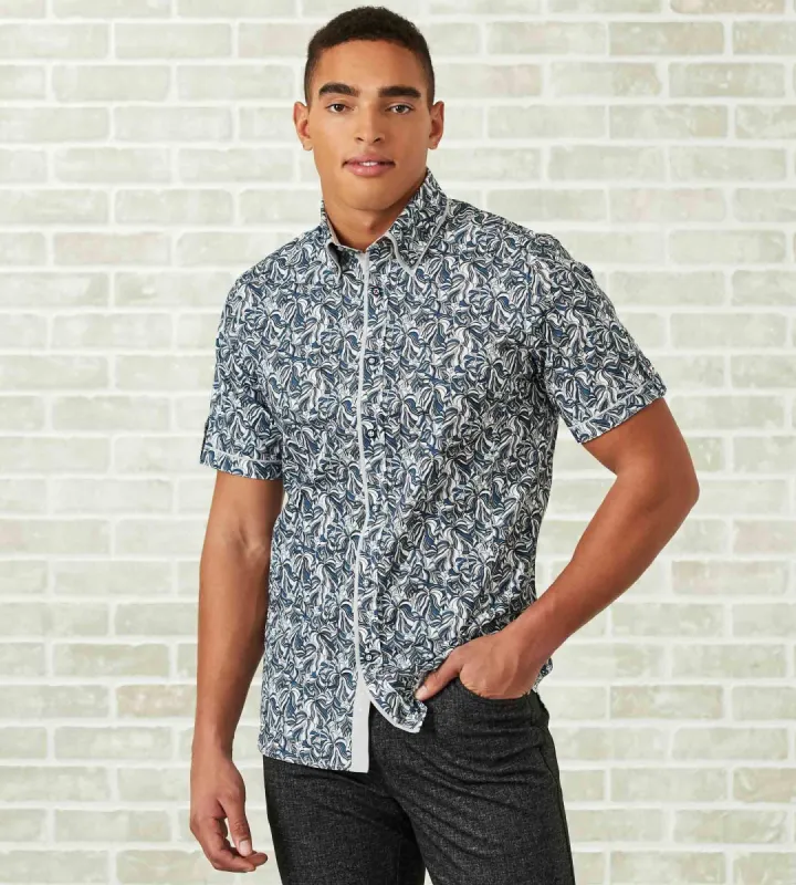 Modern Fit Short-Sleeve Leaf Print Double-Collar Sport Shirt sold by Tip Top
