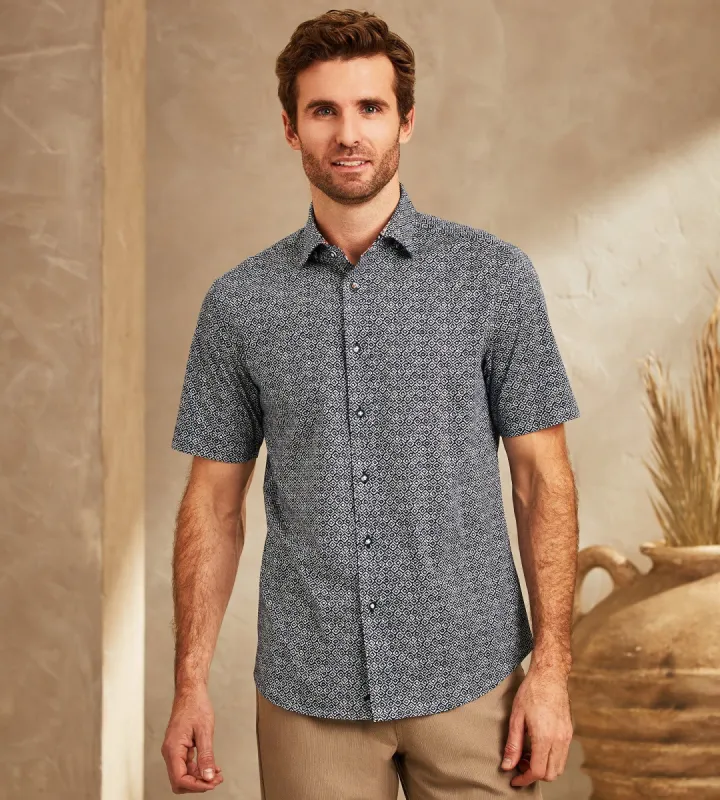 Modern Fit 360° Stretch Geo Print Soft Touch Short-Sleeve Sport Shirt sold by Tip Top