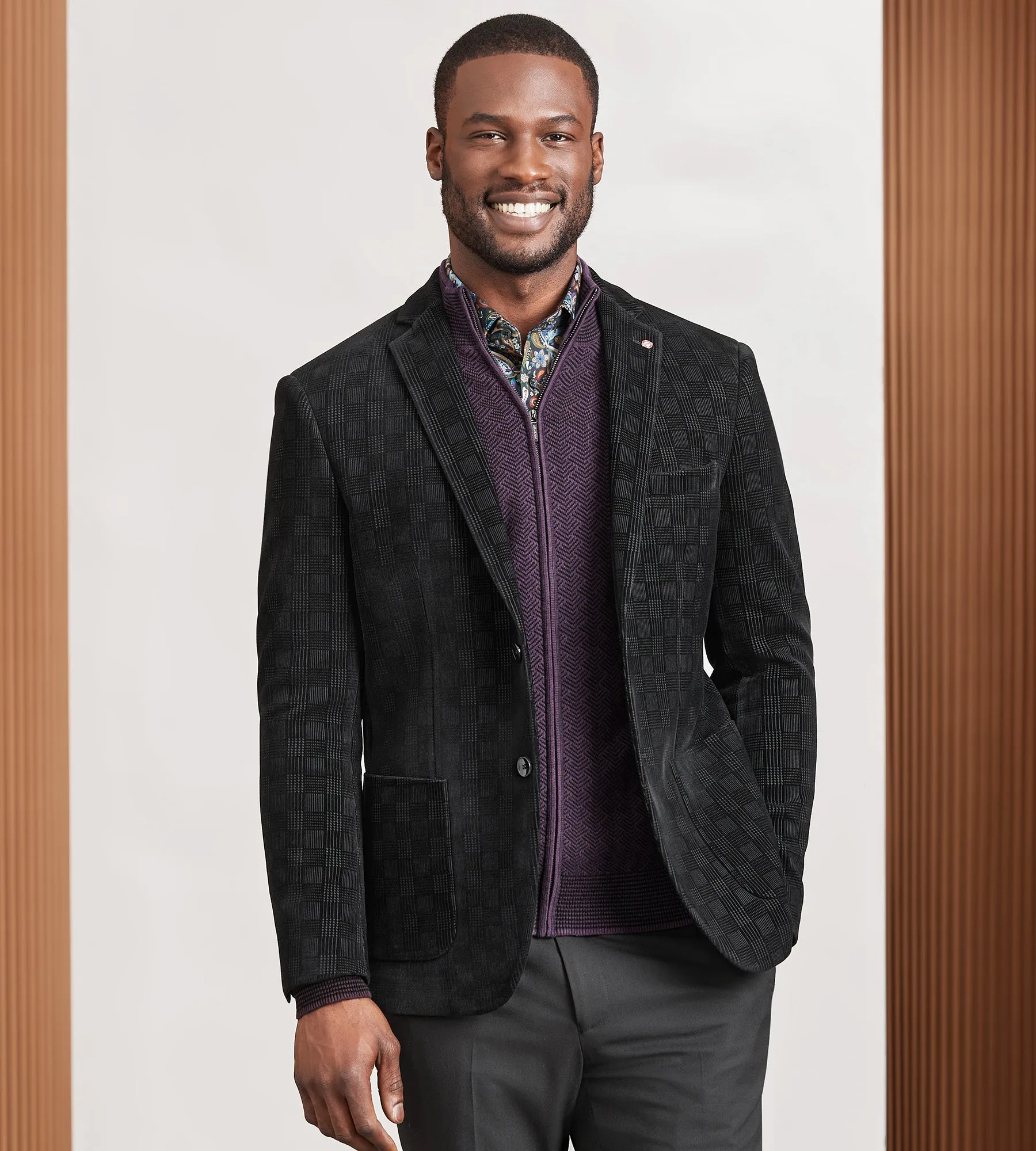 Modern Fit Knit Flocked Plaid Sport Jacket sold by Tip Top