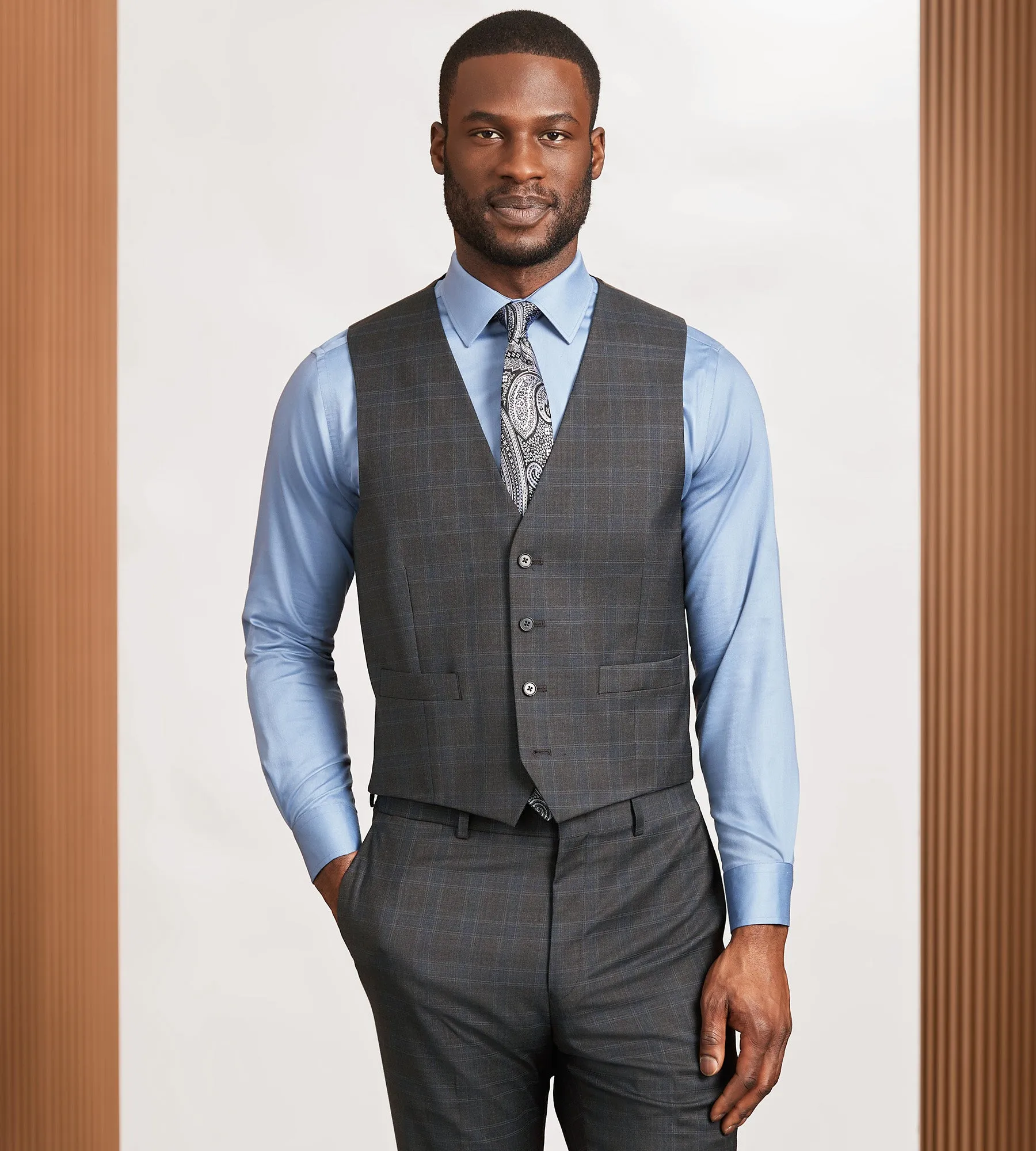 Modern Fit Brown Plaid Suit Vest sold by Tip Top