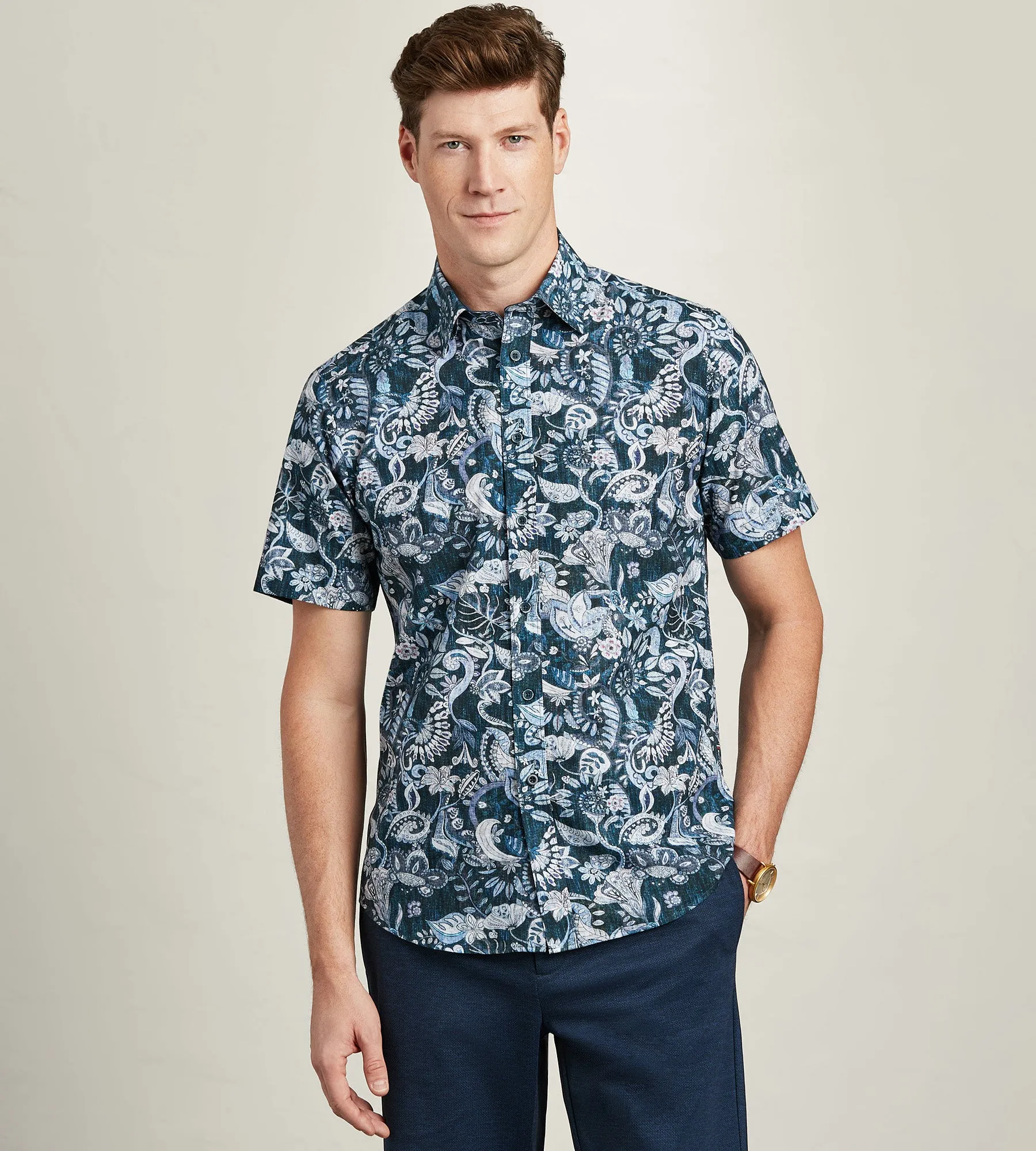 Modern Fit Short Sleeve Linen Like Floral Pattern Casual Shirt sold by Tip Top