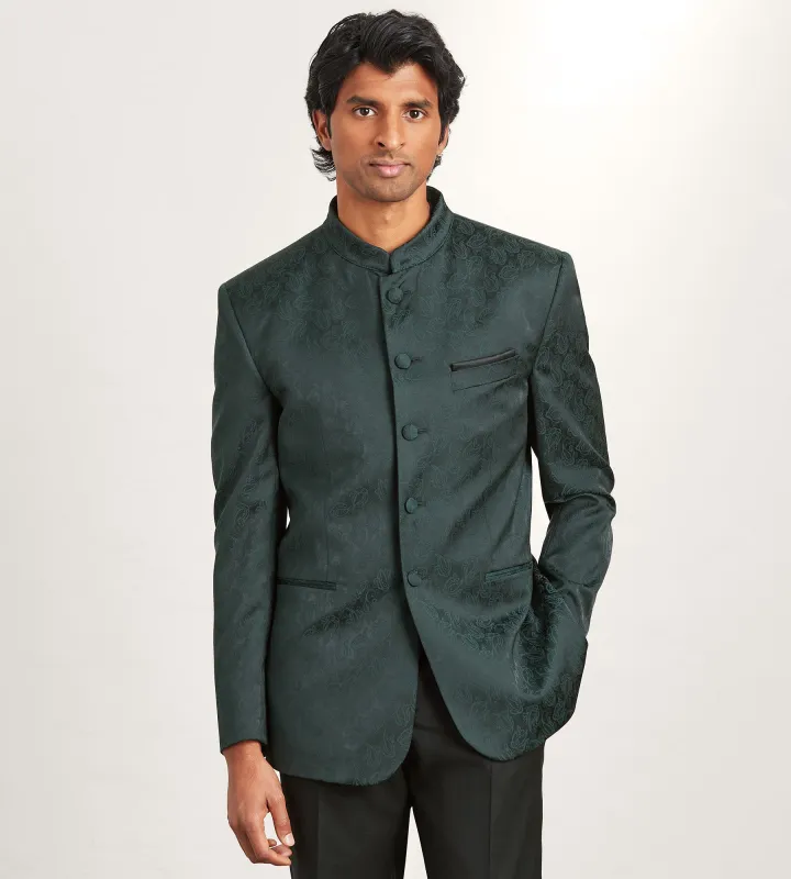 Modern Fit Forest Green Jacquard Nehru Suit Jacket sold by Tip Top