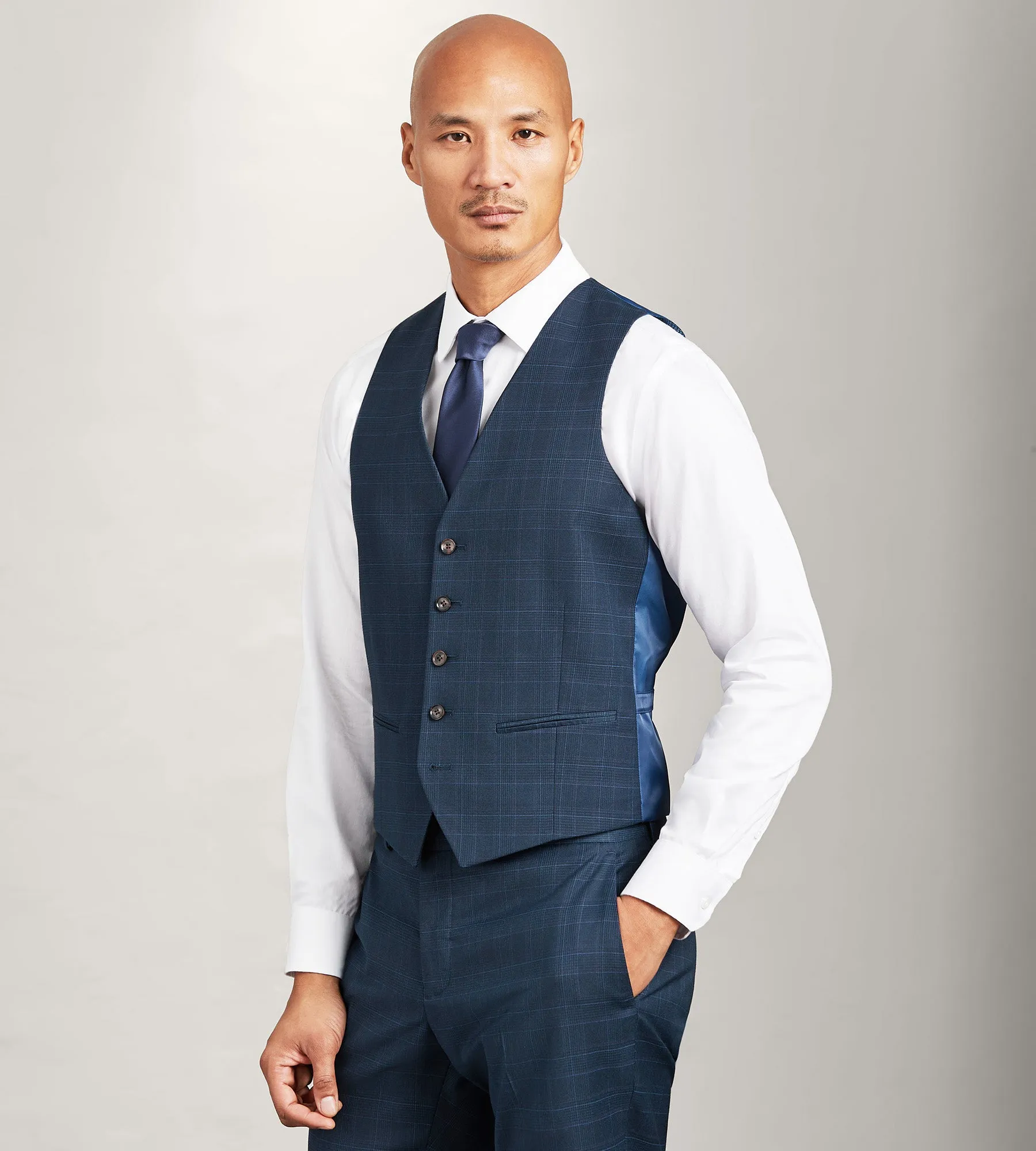 Navy Plaid Suit Vest sold by Tip Top