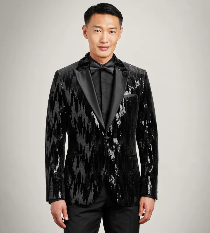 Modern Fit Black Sequin Tuxedo Jacket sold by Tip Top