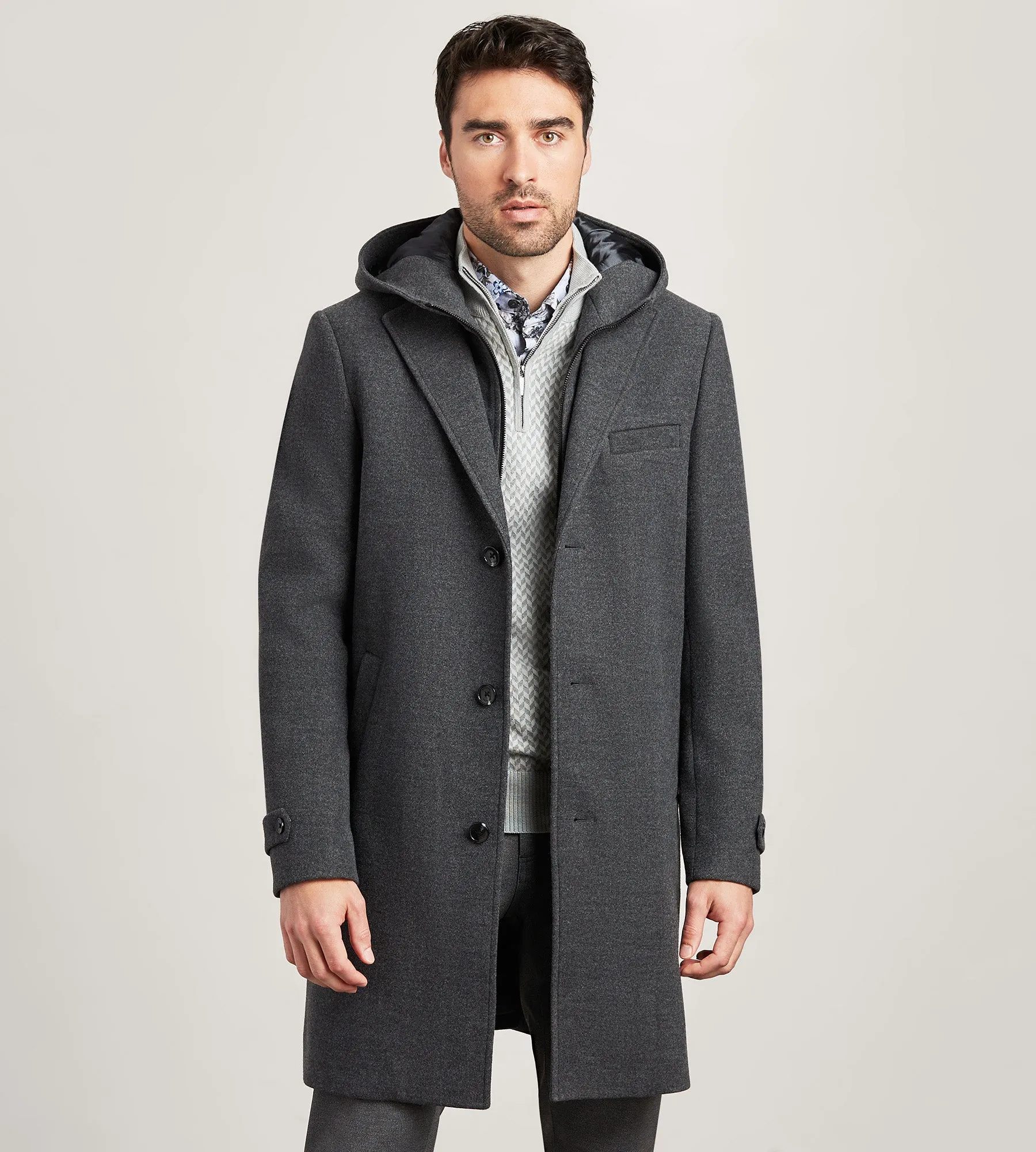 Modern Fit 4-Way Stretch Wool Coat with Removable Hood sold by Tip Top
