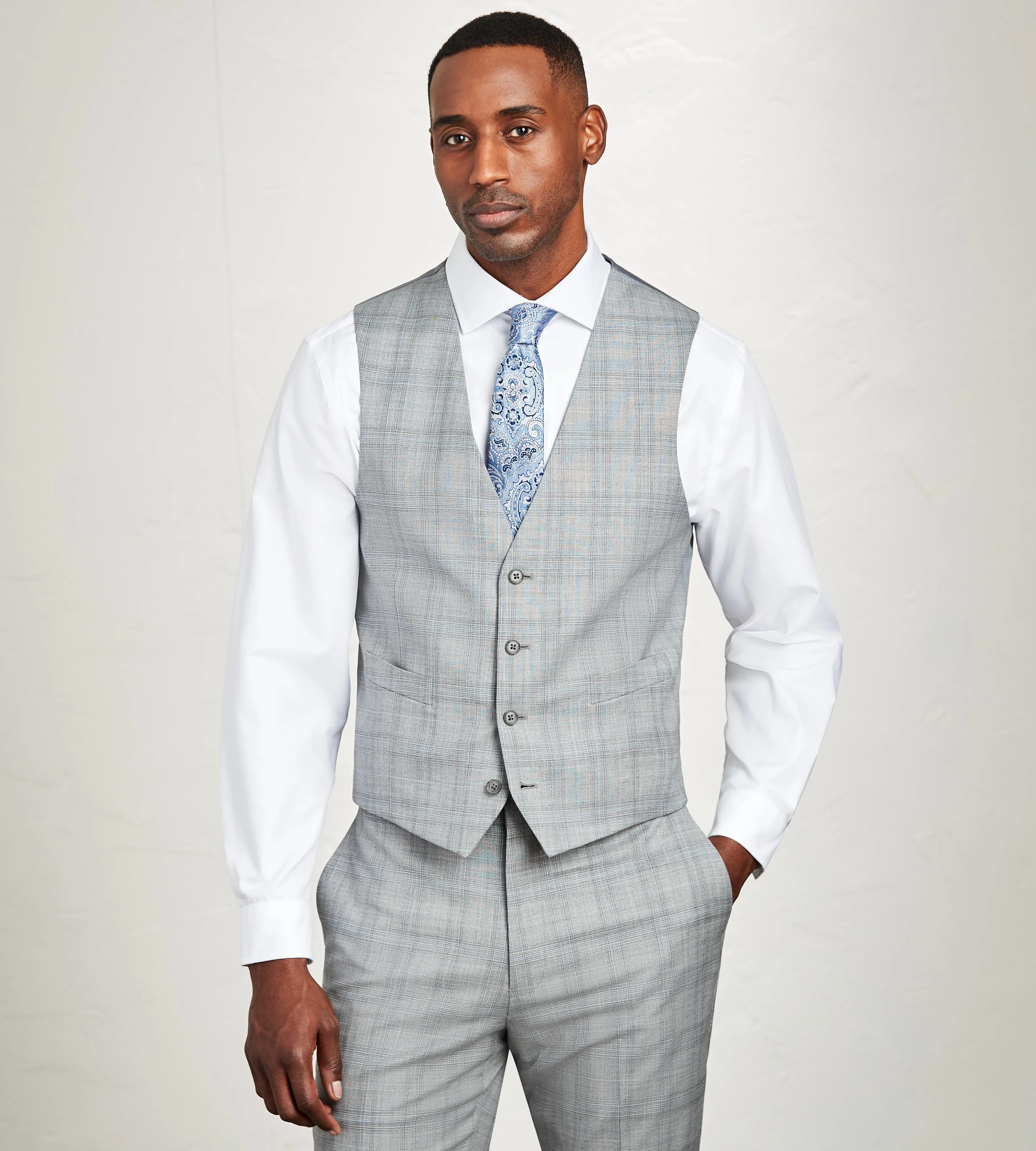 Modern Fit Grey Plaid Suit Vest sold by Tip Top