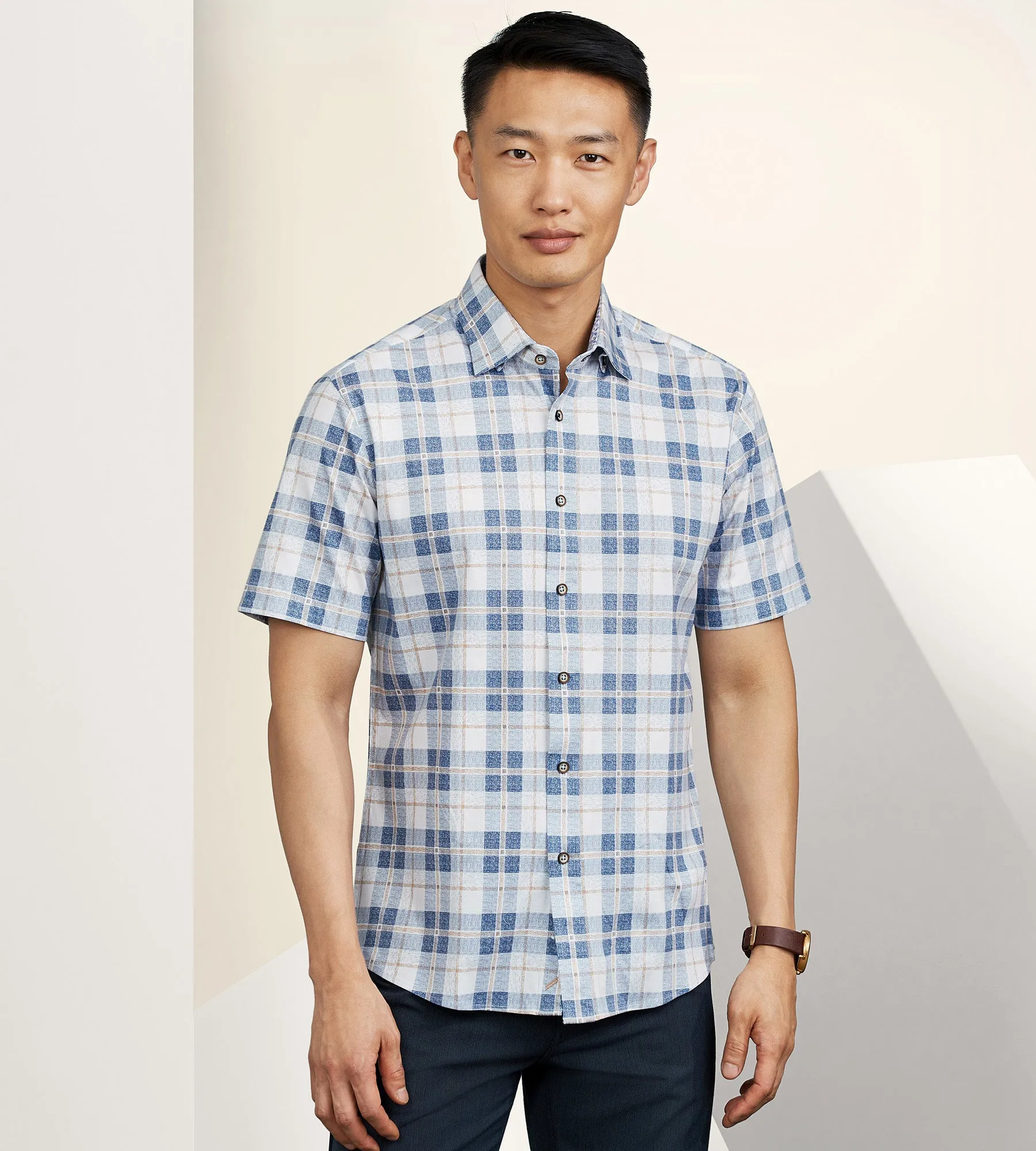Modern Fit 360° Stretch Short Sleeve Plaid Print Sport Shirt sold by Tip Top