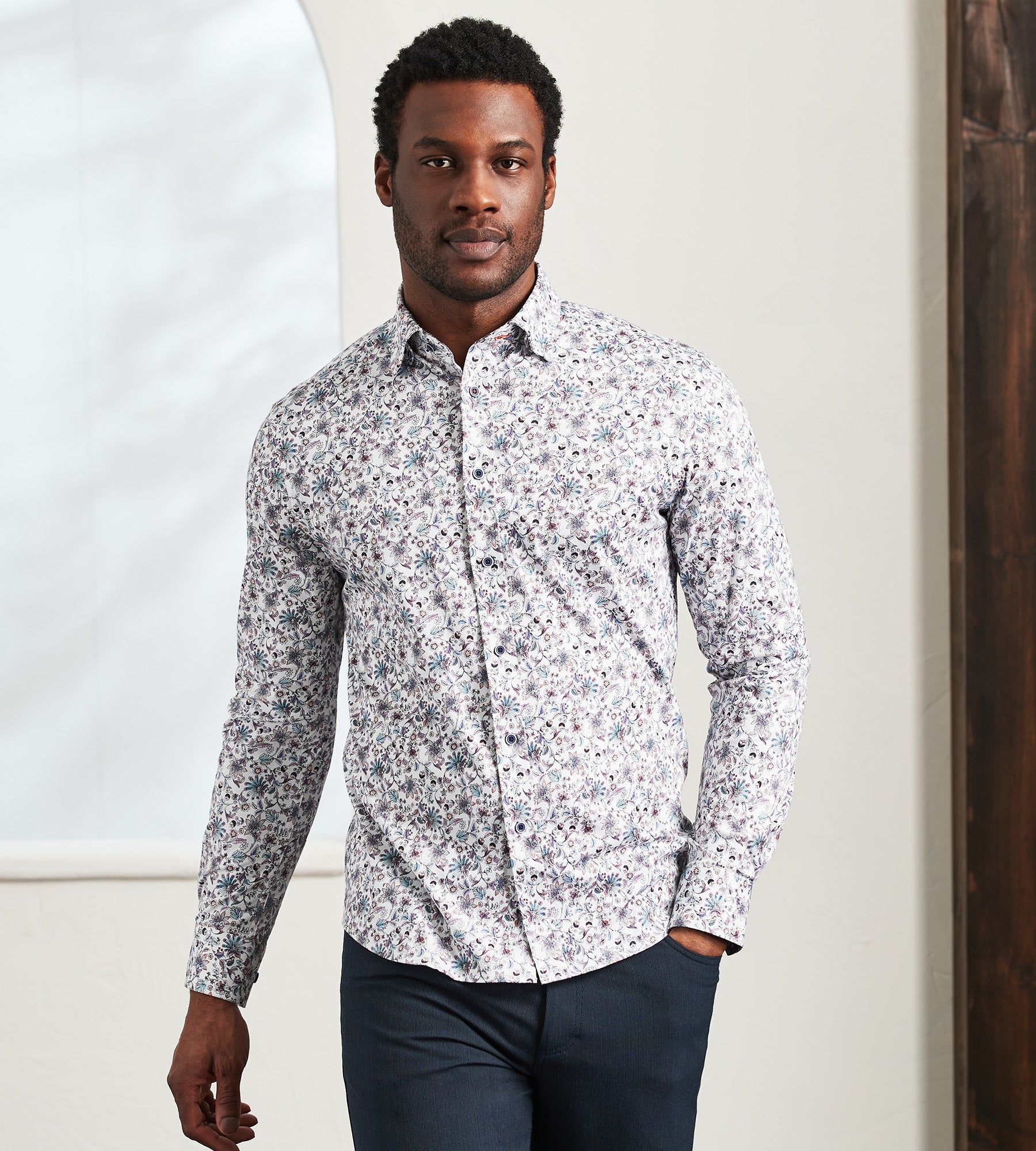 Modern Fit Long Sleeve 360° Stretch Floral Print Sport Shirt sold by Tip Top