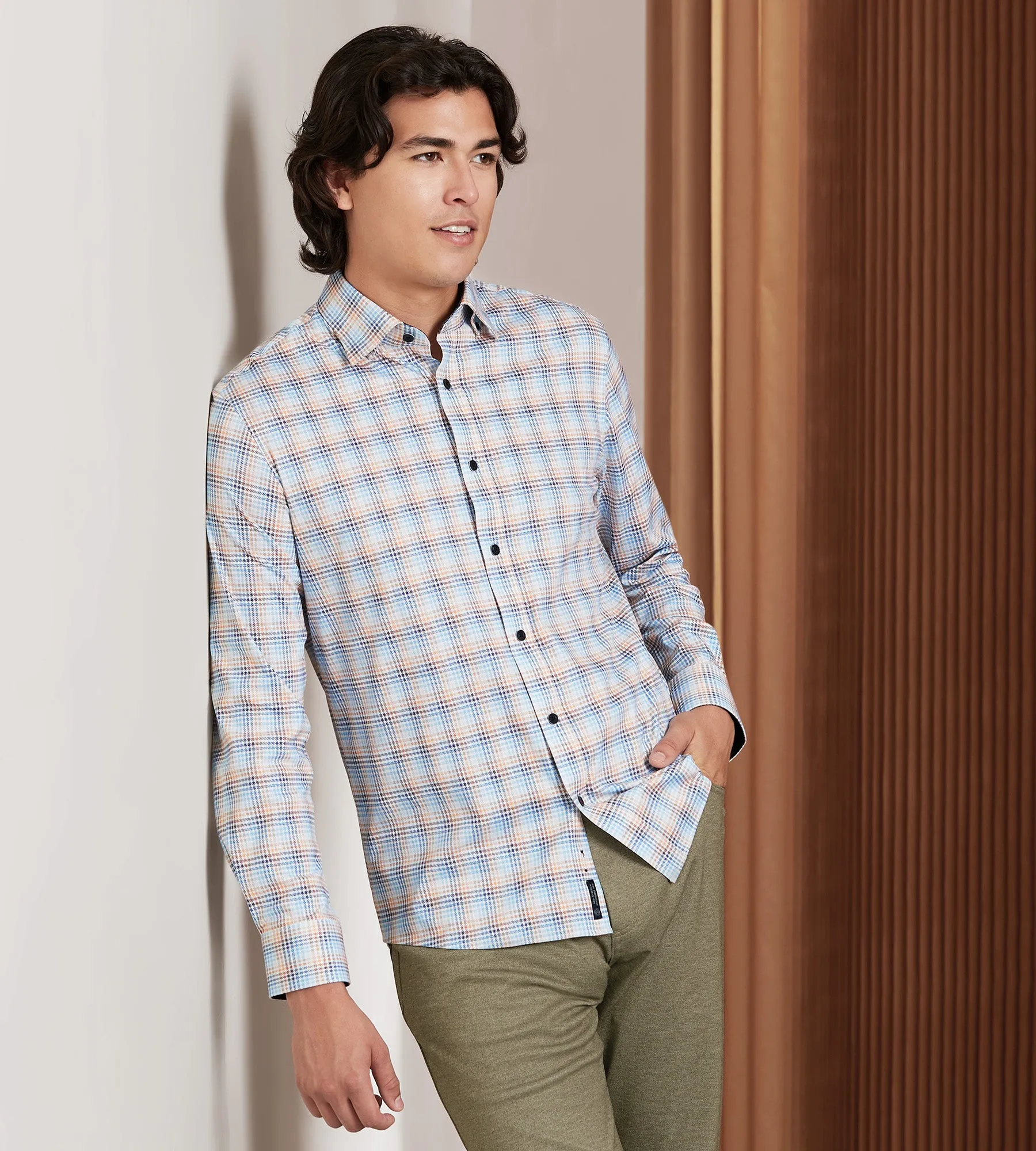 Modern Fit 360 Stretch Long Sleeve Plaid Printed Sport Shirt sold by Tip Top