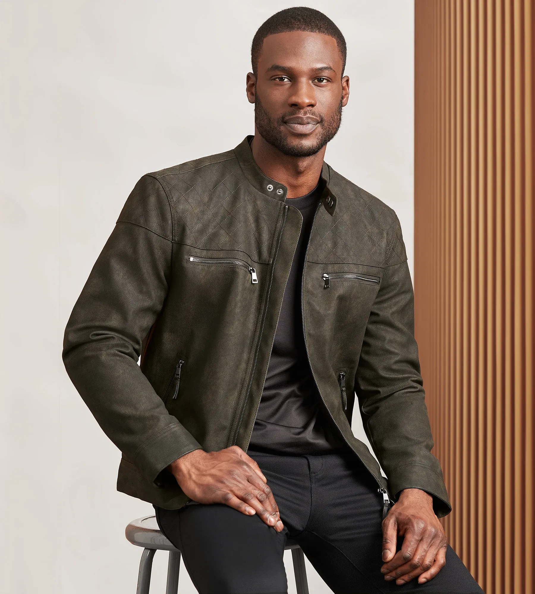 Modern Fit Distressed Vegan Leather Moto Jacket sold by Tip Top