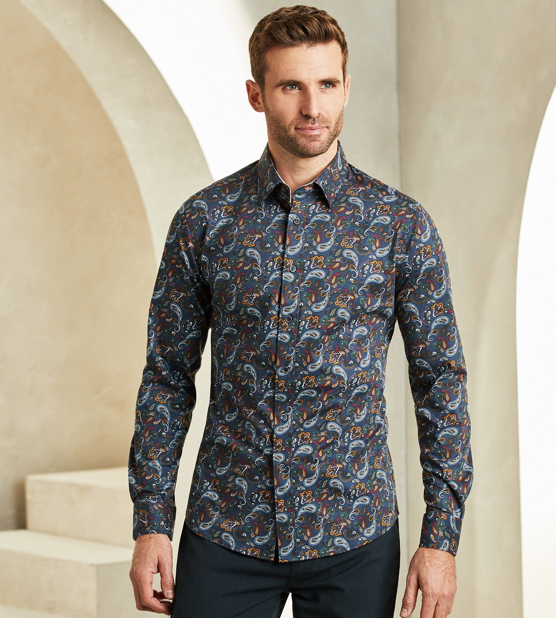 Slim Fit 360° Stretch Paisley Print Soft Touch Long-Sleeve Sport Shirt sold by Tip Top