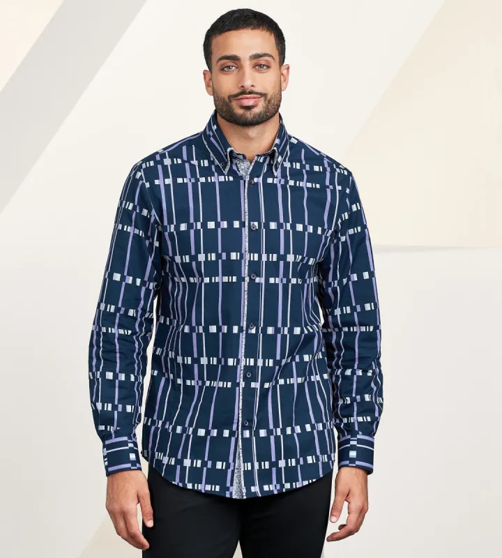 Modern Fit Long Sleeve Double-Collar Geo Pattern Sport Shirt sold by Tip Top