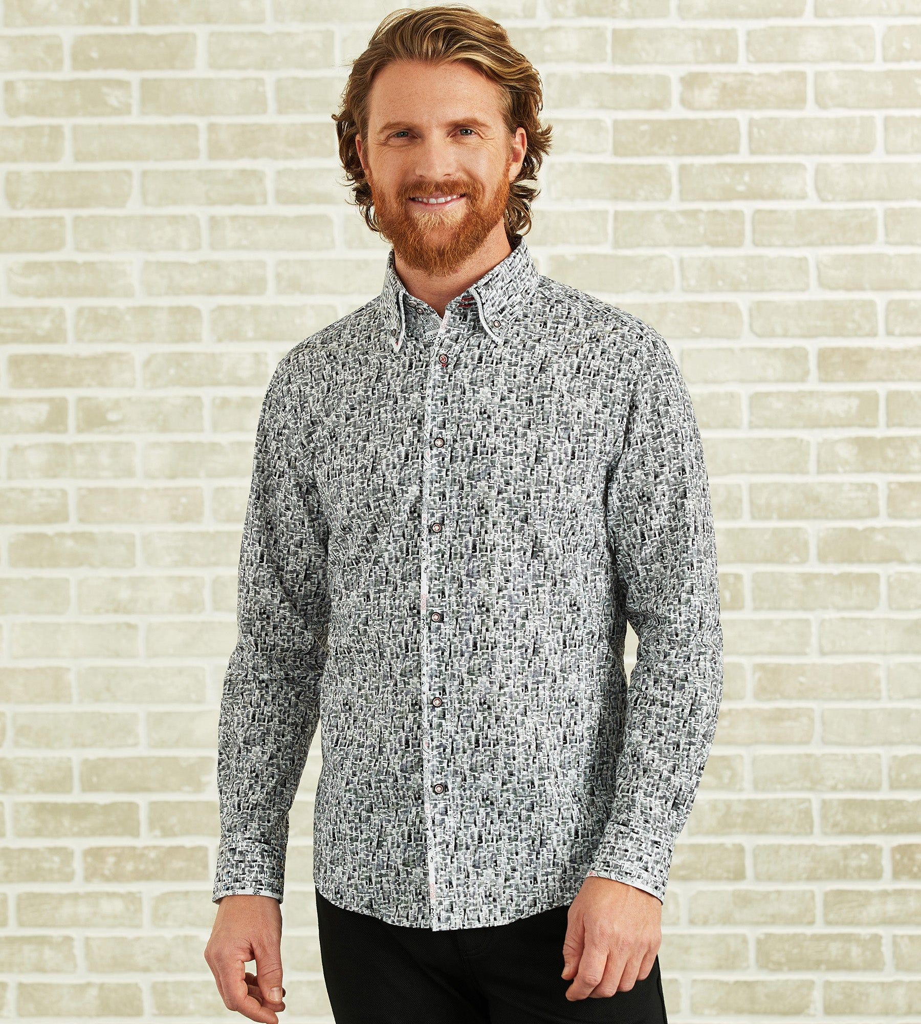 Modern Fit Long-Sleeve Double-Collar Textured Print Sport Shirt sold by Tip Top