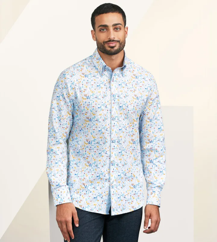 Modern Fit Long Sleeve Double-Collar Water Colour Print Sport Shirt sold by Tip Top