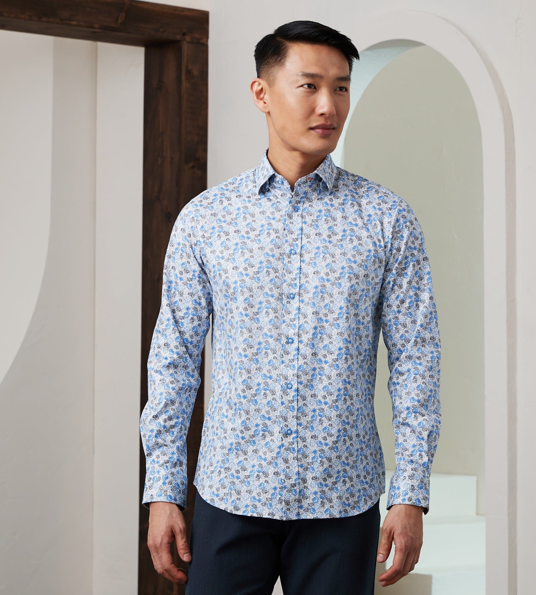 Modern Fit Long Sleeve 360° Stretch Floral Print Sport Shirt sold by Tip Top
