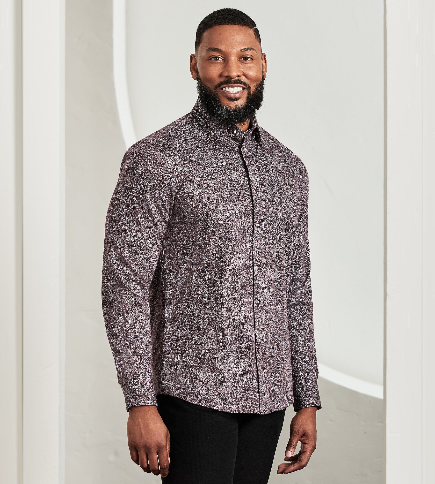 Modern Fit Long Sleeve 360° Stretch Cross Hatch Print Sport Shirt sold by Tip Top