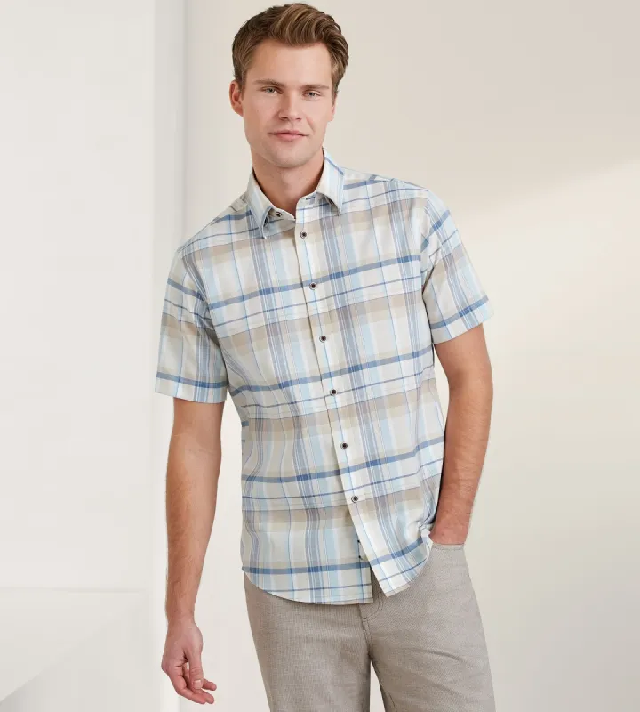 Modern Fit Short Sleeve Textured Linen-Like Plaid Sport Shirt sold by Tip Top