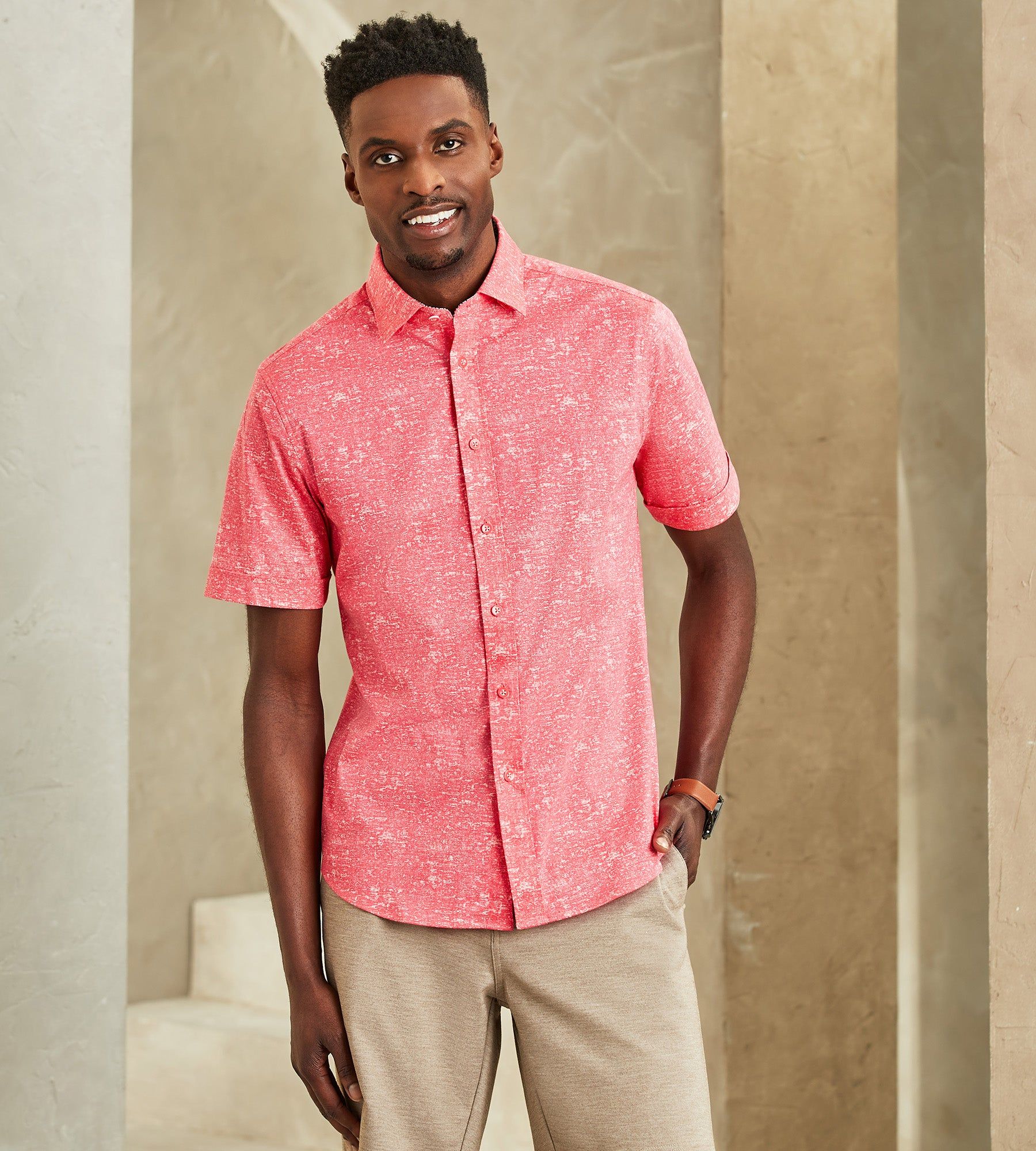 Modern Fit Short-Sleeve Textured Print 360° Stretch Soft Touch Sport Shirt sold by Tip Top