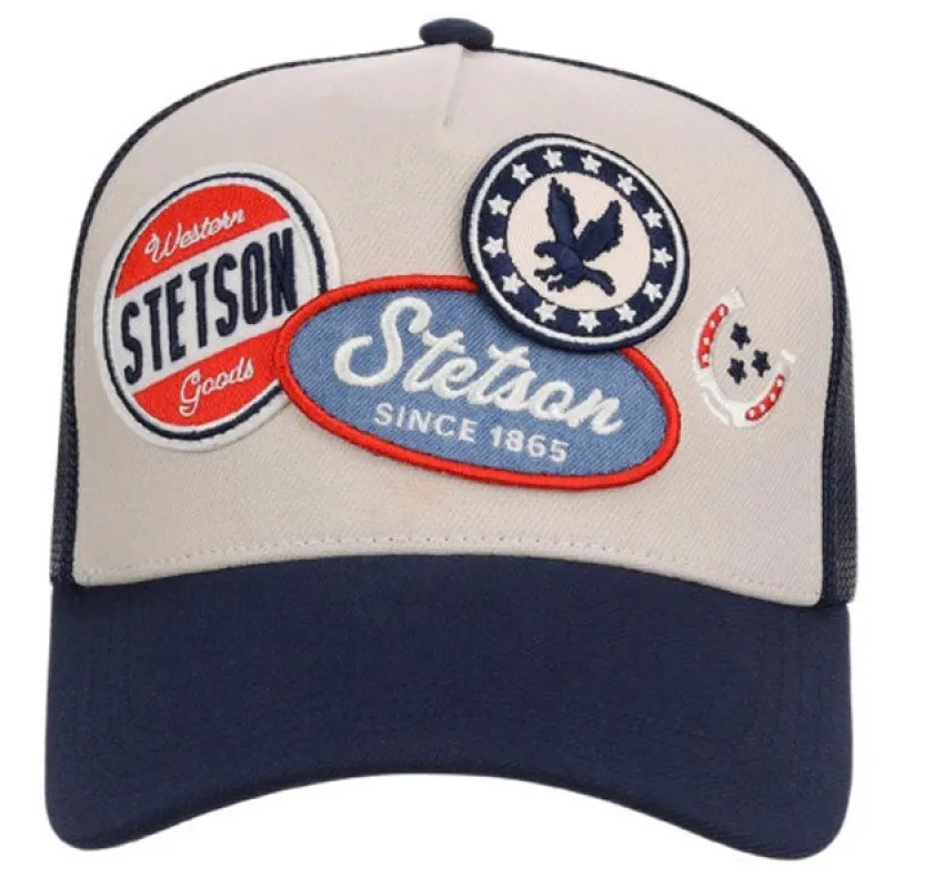 Stetson Embroidered Patches (Khaki/Navy) - Trucker Cap sold by Hat Country