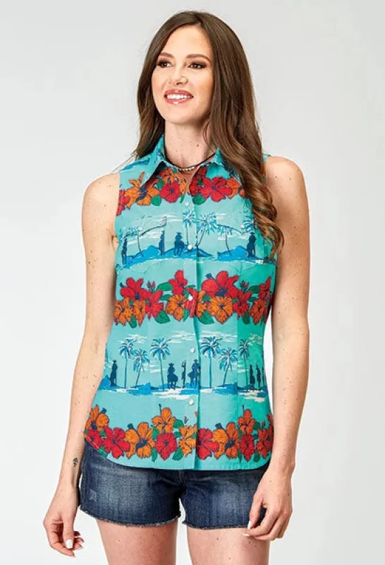 Roper 1900 Hawaiian Print (Blue) - Women's Sleeveless Shirt sold by Hat Country