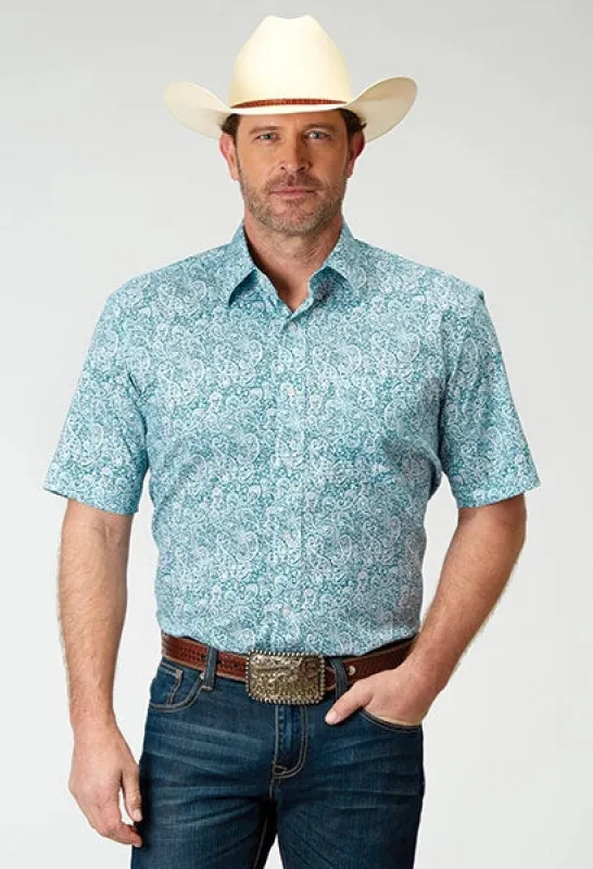 Roper 1944 Stretch Paisley (Blue) - Men's Short Sleeve Shirt sold by Hat Country