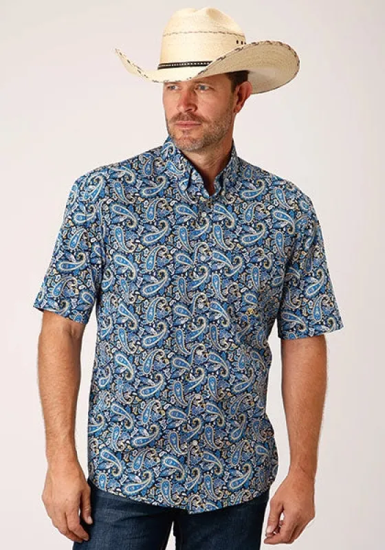 Roper 1448 Amarillo Paisley (Blue) - Men's Short Sleeve Shirt made by Roper