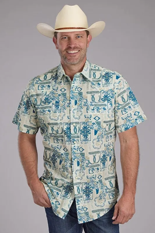 Roper 2348 Tropical Resort (Tan) - Men's Short Sleeve Shirt made by Roper