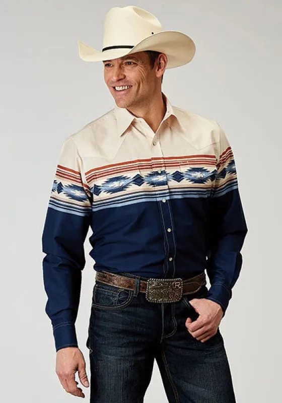 Roper 1906 Distressed Aztec Border (Navy) - Men's Western Shirt made by Roper