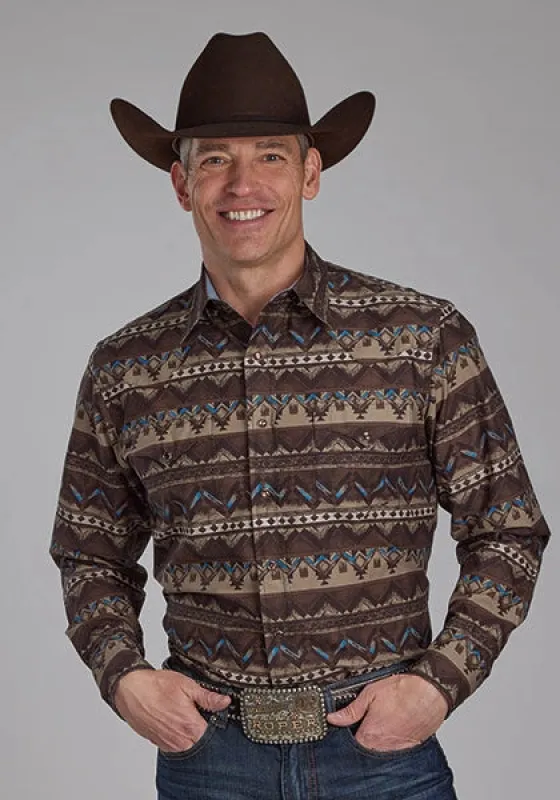 Roper 2175 Distressed Aztec Print (Brown) - Men's Western Shirt made by Roper