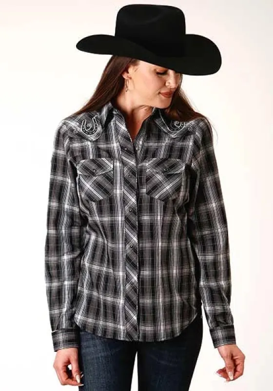 Roper 824 Horseshoe Plaid (Black) - Women's Western Shirt made by Roper