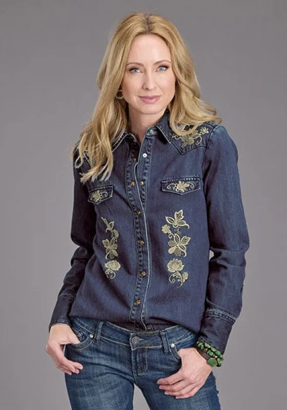 Stetson Floral Embroidery (Blue) - Women's Denim Blouse made by Stetson
