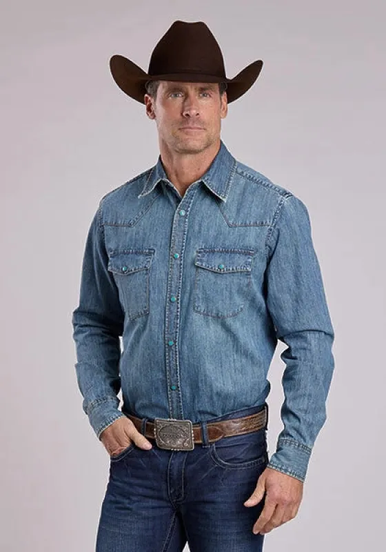 Stetson Denim with Turquoise Snaps (Blue) - Men's Western Shirt sold by Hat Country