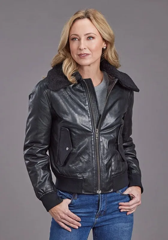 Stetson Sherpa Collar Bomber (Black) - Women's Leather Jacket sold by Hat Country