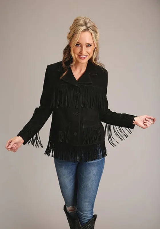 Stetson Fringed Button Front (Black) - Women's Lamb Suede Jacket made by Stetson