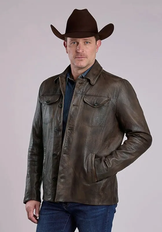 Stetson Novelty Solid Button Front (Brown) - Men's Leather Jacket sold by Hat Country