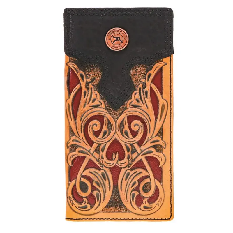 HOOey "Ryder" Hand Tooled Rodeo Rough  (Tan/Red) - Men's Rodeo Wallet made by Hat Country