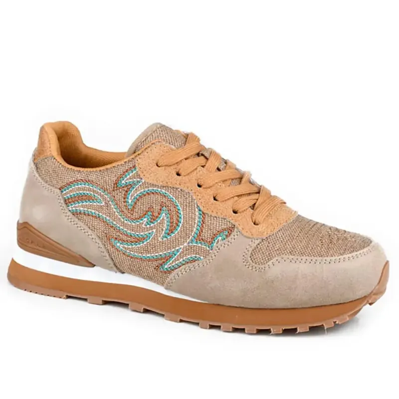 Roper Giddyup Western Stitch Jogger (Tan)- Women's Lace Up Suede Sneaker made by Roper