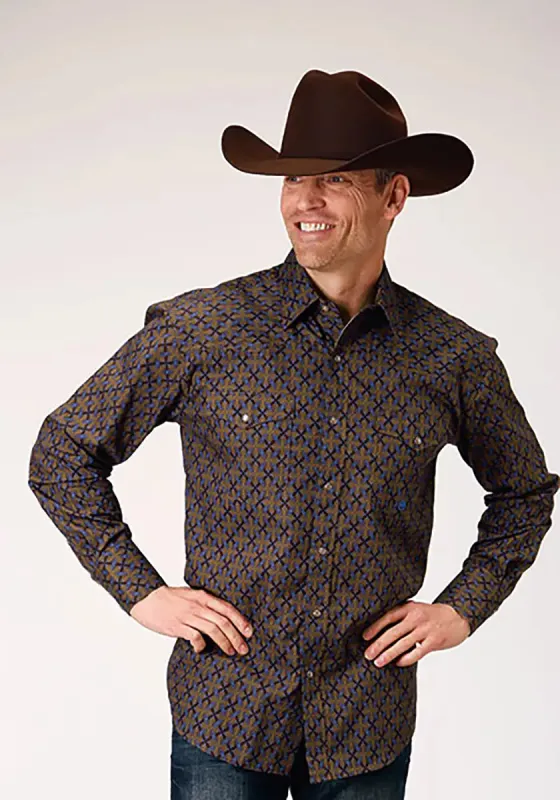 Roper Denim Blue Diamond Medallion (Brown) - Men's Western Shirt sold by Hat Country