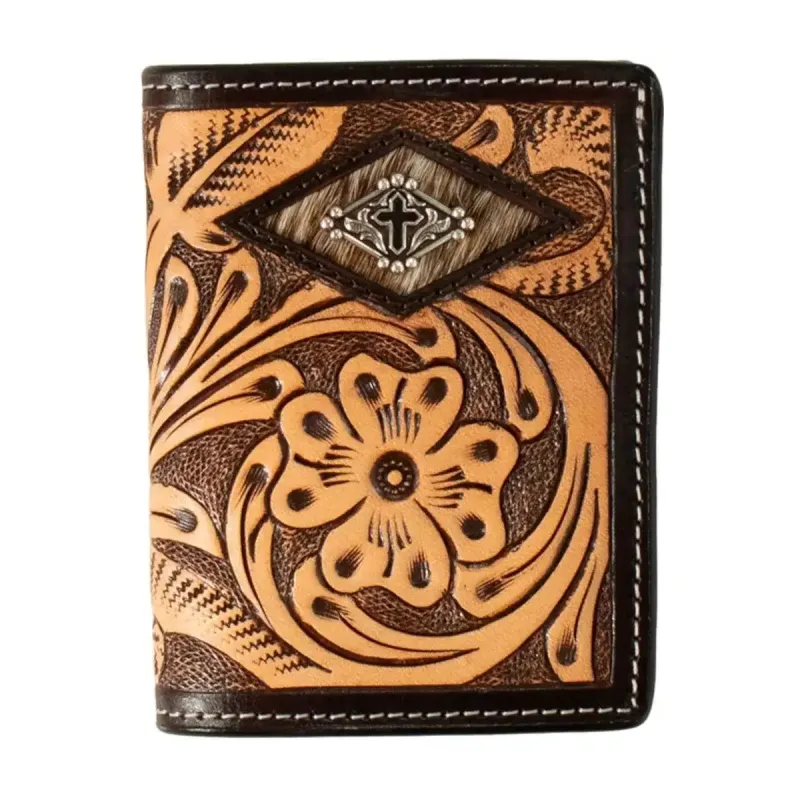 3D Tooled Floral Diamond Cross Concho - Men's Tri-Fold Wallet sold by Hat Country